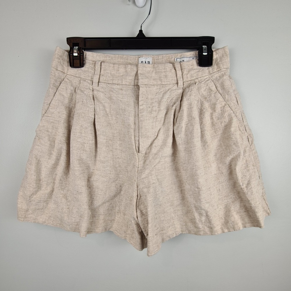 GAP 365 High Rise Linen Blend Pleated Shorts Oatmeal Beige Womens Size Small P